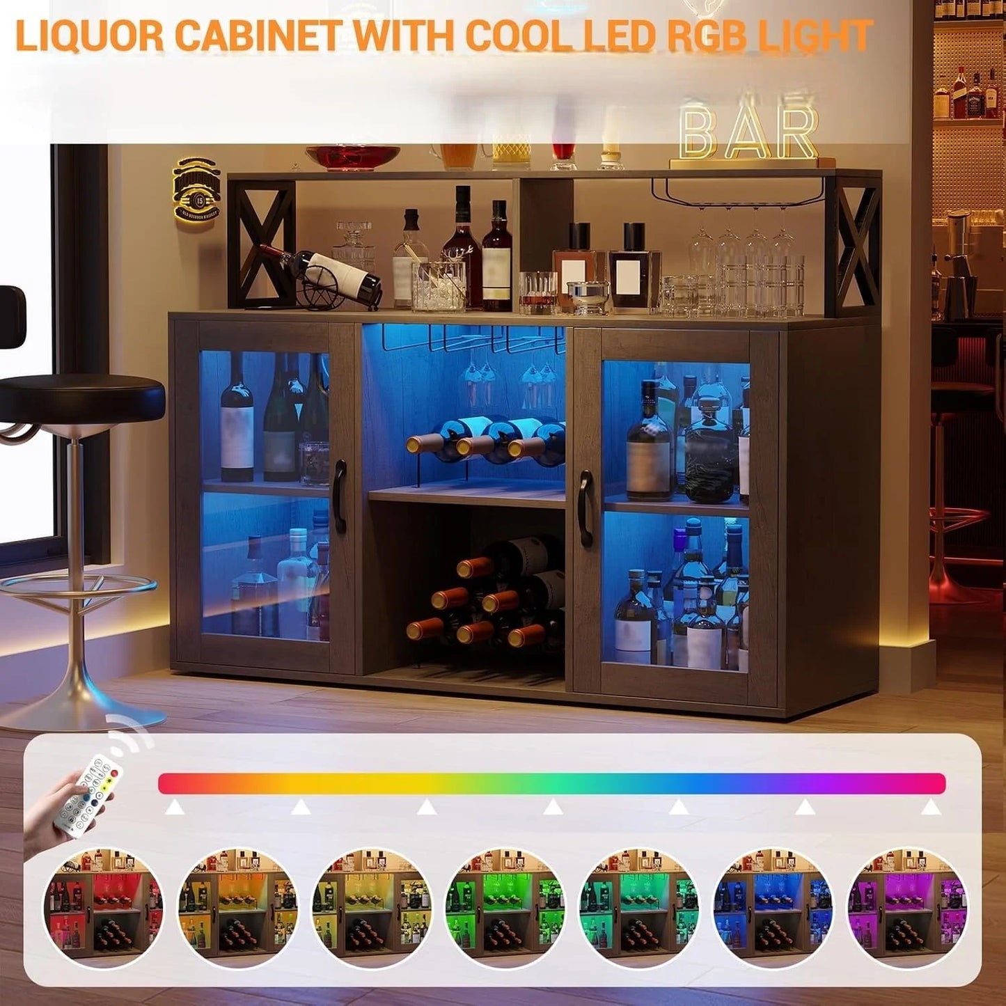 Bar Cabinet with Storage Shelves, Coffee Bar Cabinet with LED Lights, Liquor Cabinet with Wine Rack and Glass Goblet Holder, Kitchen Sideboard Buffet Cabinet for Home, Kitchen, Dining Room