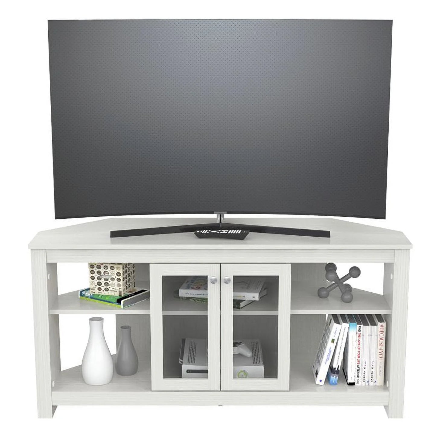 Inval Corner Laminate 60° TV Stand with Glass Doors, White