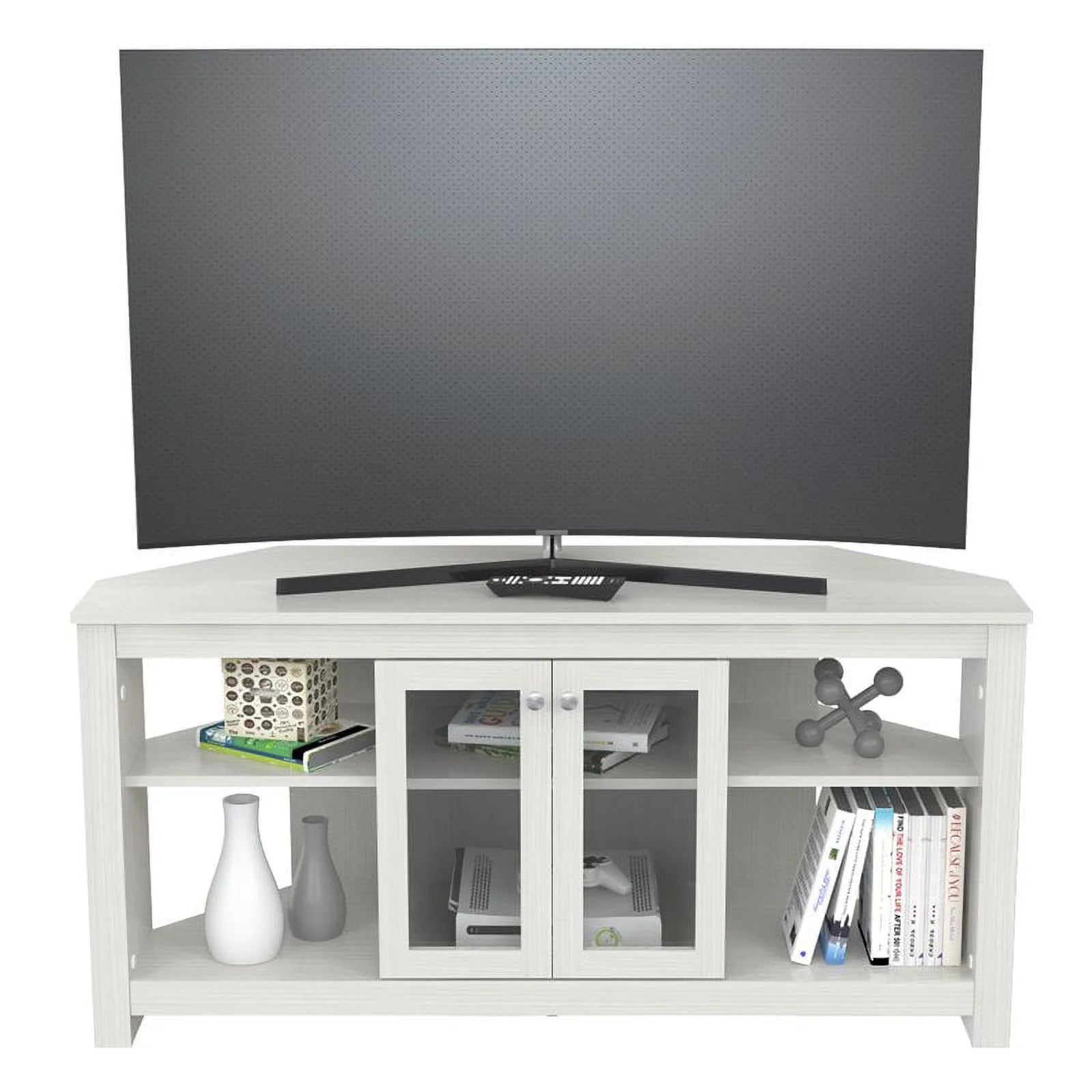 Inval Corner Laminate 60° TV Stand with Glass Doors, White