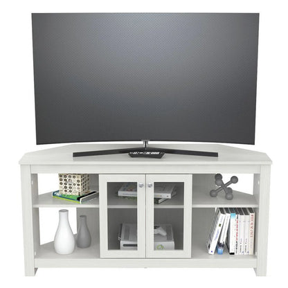 Inval Corner Laminate 60° TV Stand with Glass Doors, White