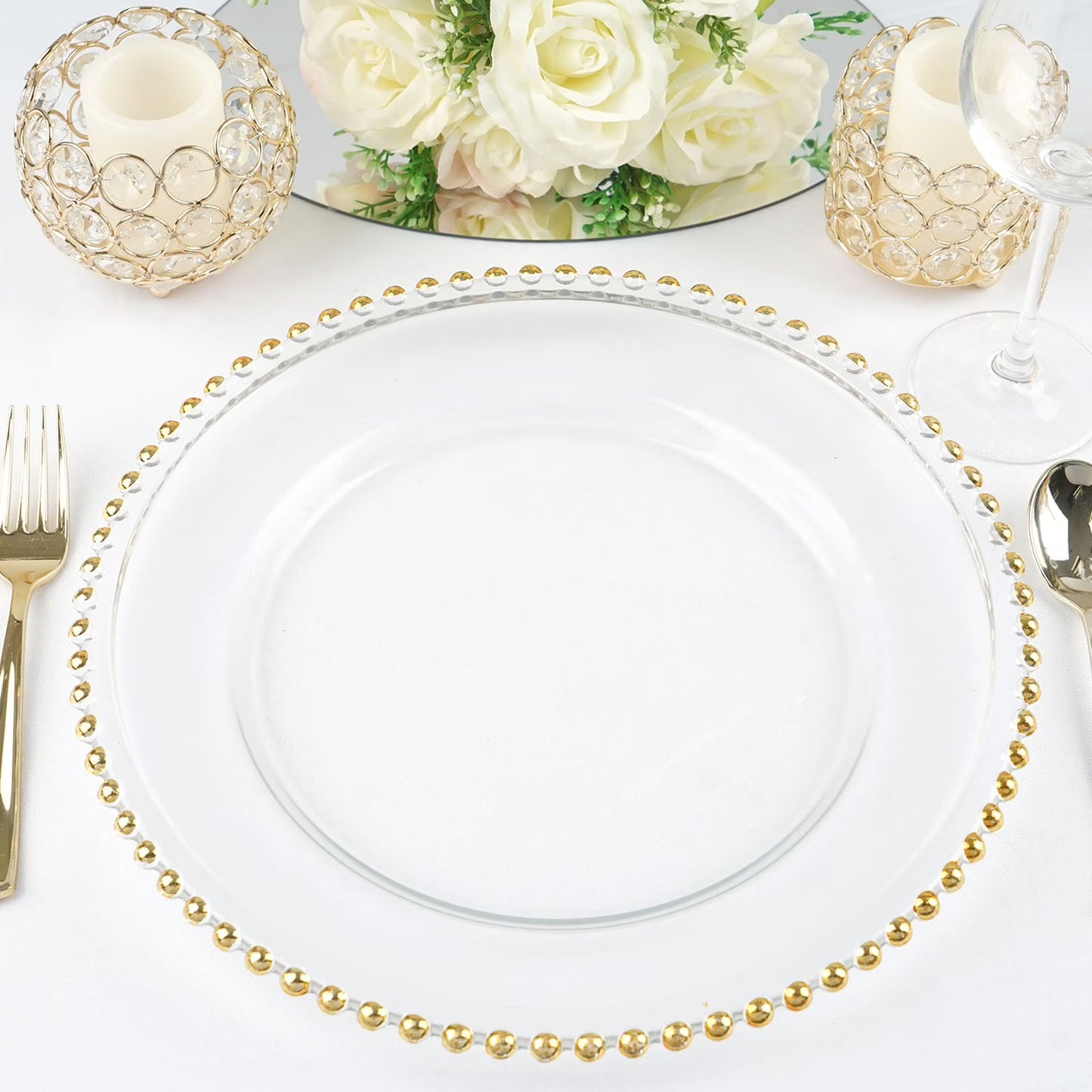 Efavormart 8 Pack - 13" Gold Glass Charger Plates Reusable Rim Charger Plates Spray Design Plates - Perfect for Wedding , Party Decorations, Banquet, Upscale Occasions, Birthday Celebrations