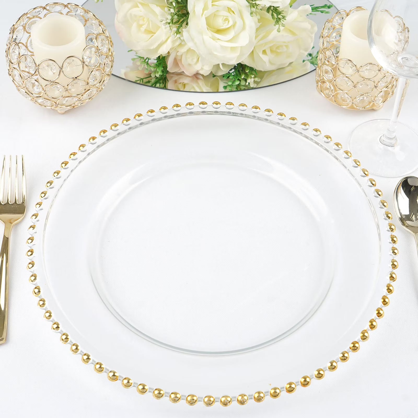 Efavormart 8 Pack - 13" Gold Glass Charger Plates Reusable Rim Charger Plates Spray Design Plates - Perfect for Wedding , Party Decorations, Banquet, Upscale Occasions, Birthday Celebrations