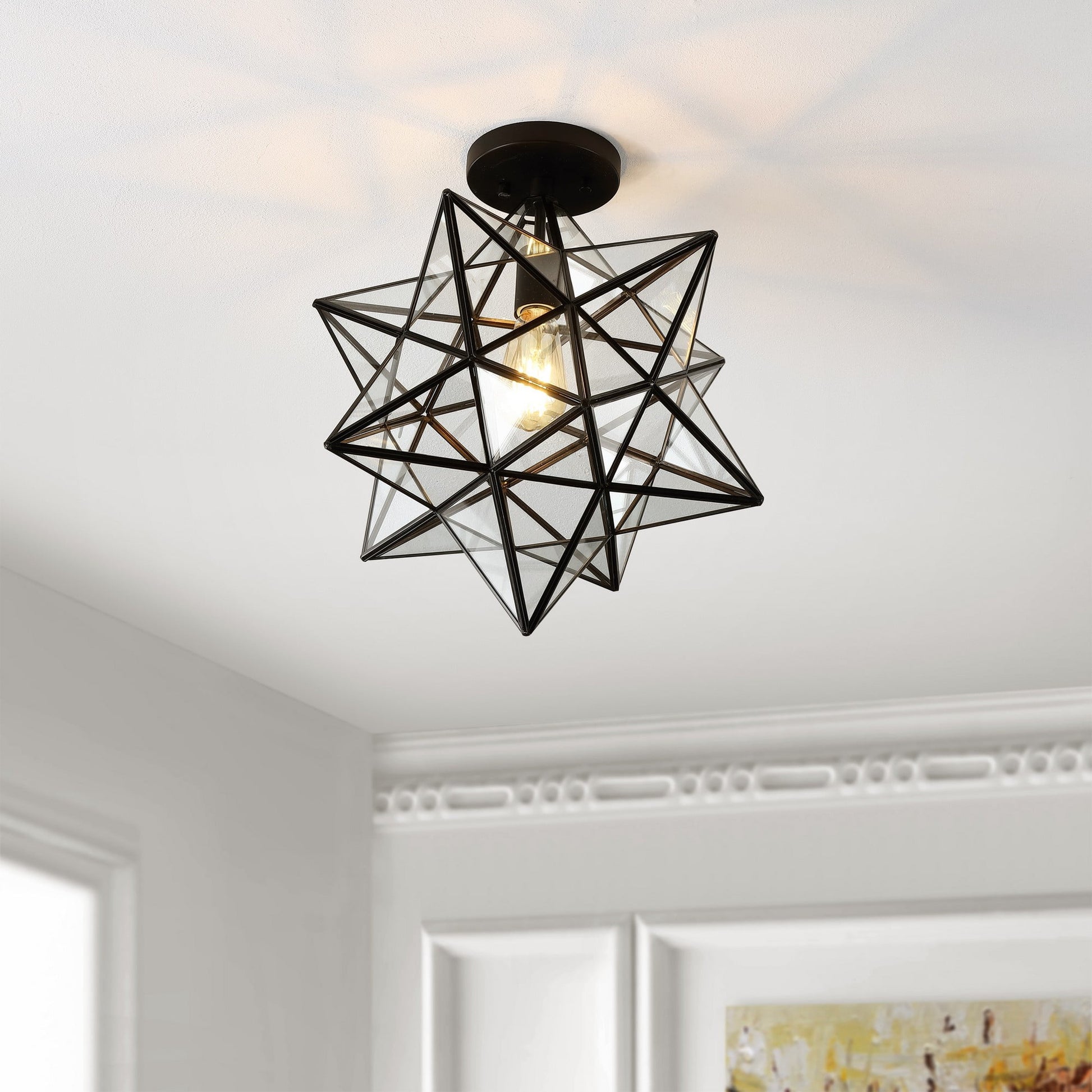 JONATHAN Y Ava 14.5" 1-Light Farmhouse Bohemian Iron/Glass LED Semi Flush Mount, Black/Clear