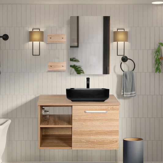 FULLWATT 28 Inch Modern Bathroom Vanity Set with Mirror Wall Mount Wood Color Cabinet Glass Sink Chrome Faucet and Pop Up Drain