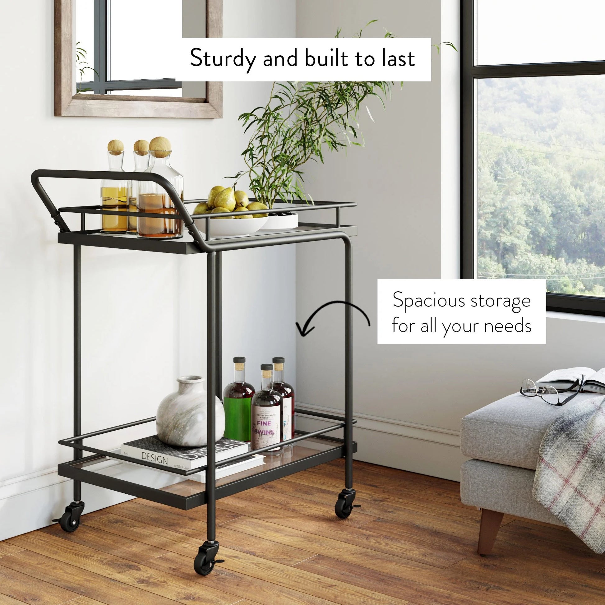 Nathan James Sally 2-Tiered Black Metal Frame Glass Rolling Bar Cart and Tea or Cocktail Cart