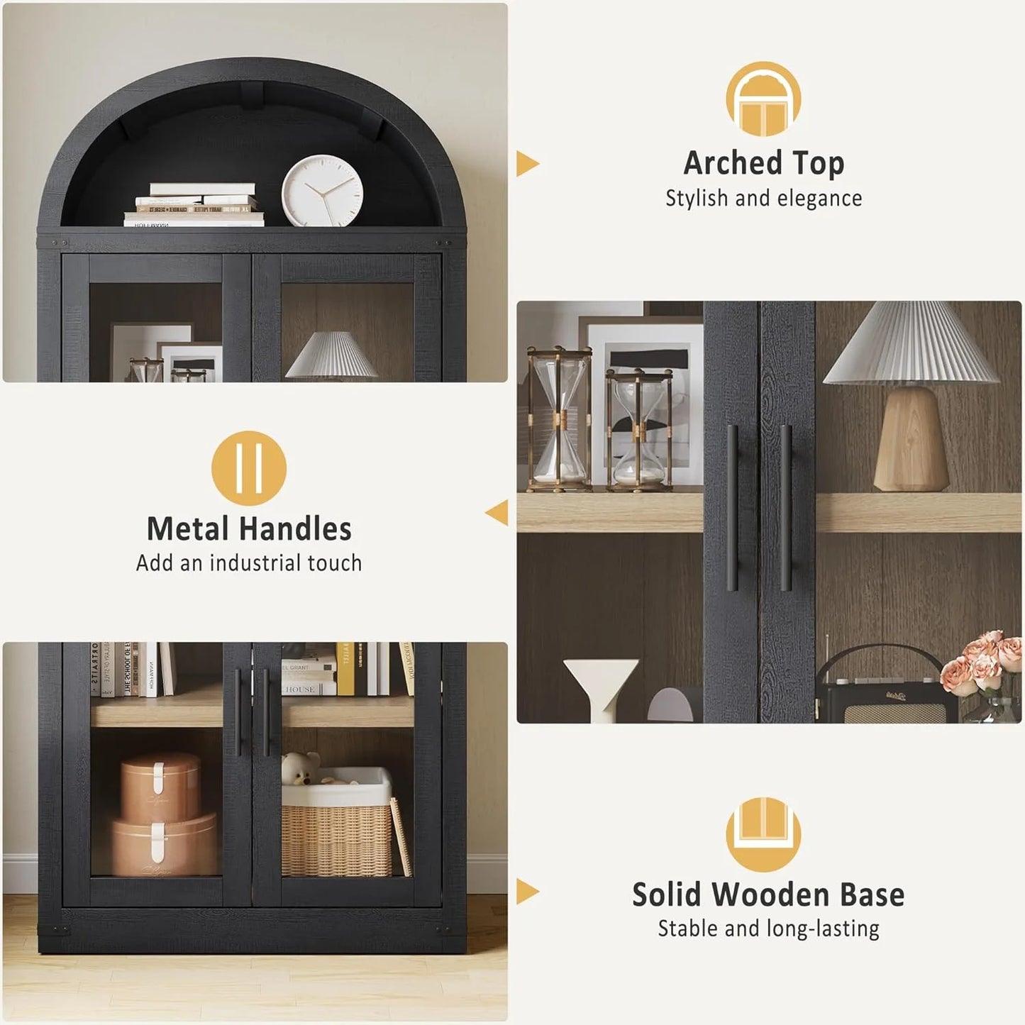 Arched Bookshelf with Glass Doors 71 Point Four Inches Tall Rustic Premium Wood Display Cabinet Glass Door Black