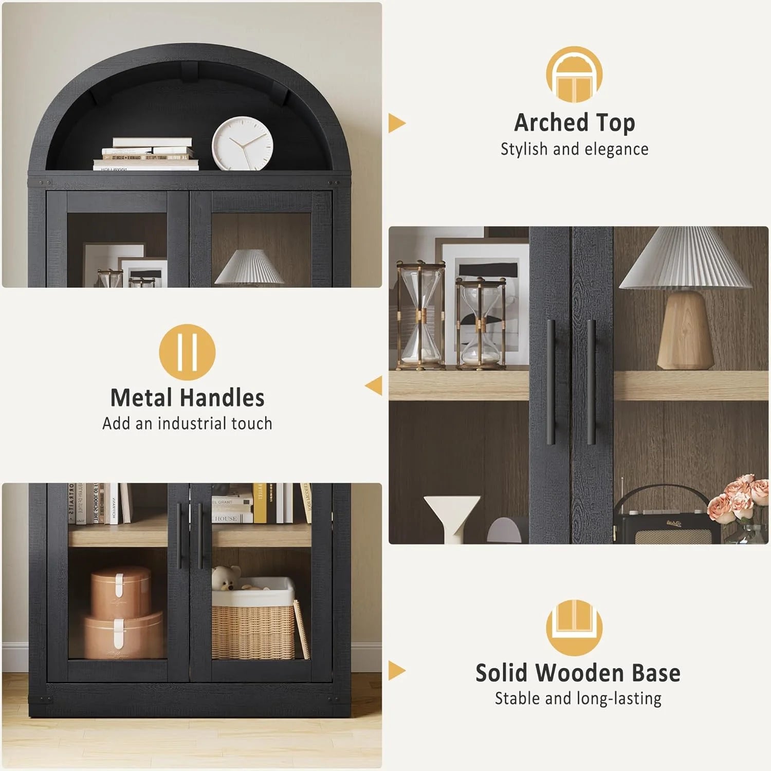 Arched Bookshelf with Glass Doors 71 Point Four Inches Tall Rustic Premium Wood Display Cabinet Glass Door Black