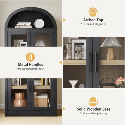 NEILA Arched Bookshelf with Doors - Glass Doors - 15.83 inches deep by 71.4 inches tall rustic ambiance premium wood display cabinet for living room, kitchen and office,Glass Door_Black