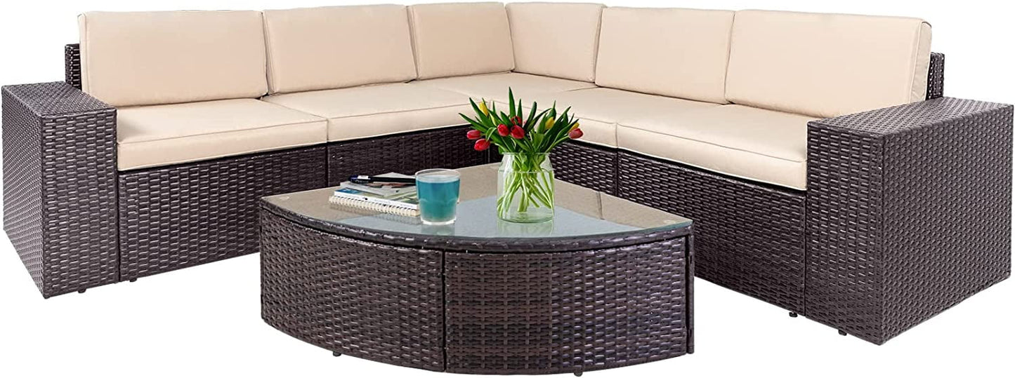 SOLAURA 6-Piece Patio Furniture Outdoor Conversation Set Patio All-Weather Wicker Sectional Sofa with Glass Coffee Table and Brown Cushions