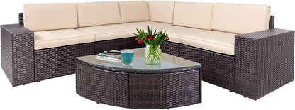 SOLAURA 6-Piece Patio Furniture Outdoor Conversation Set Patio All-Weather Wicker Sectional Sofa with Glass Coffee Table and Brown Cushions