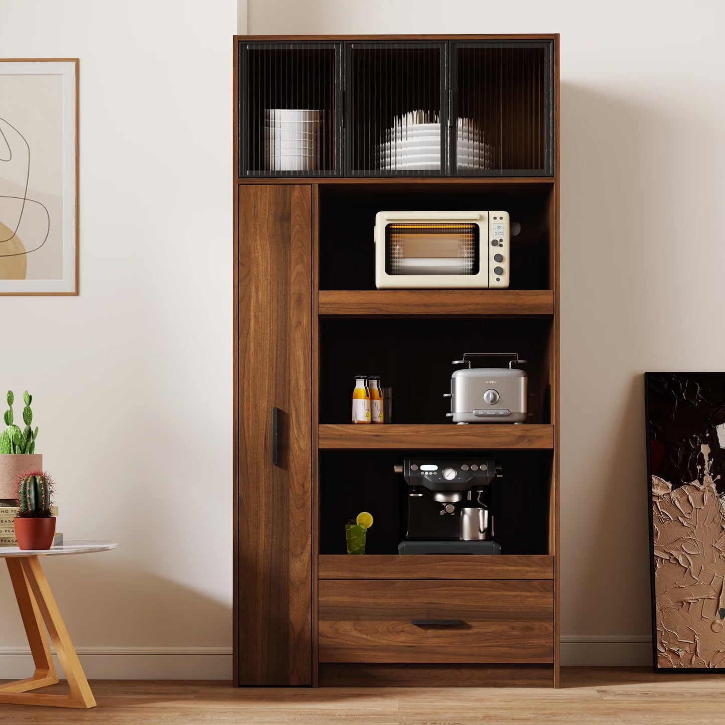Kitchen Pantry Cabinet w/4-Tier Storage Cart, 2 Drawers & 2 Glass Doors, Tall Storage Cabinet w/Shelves