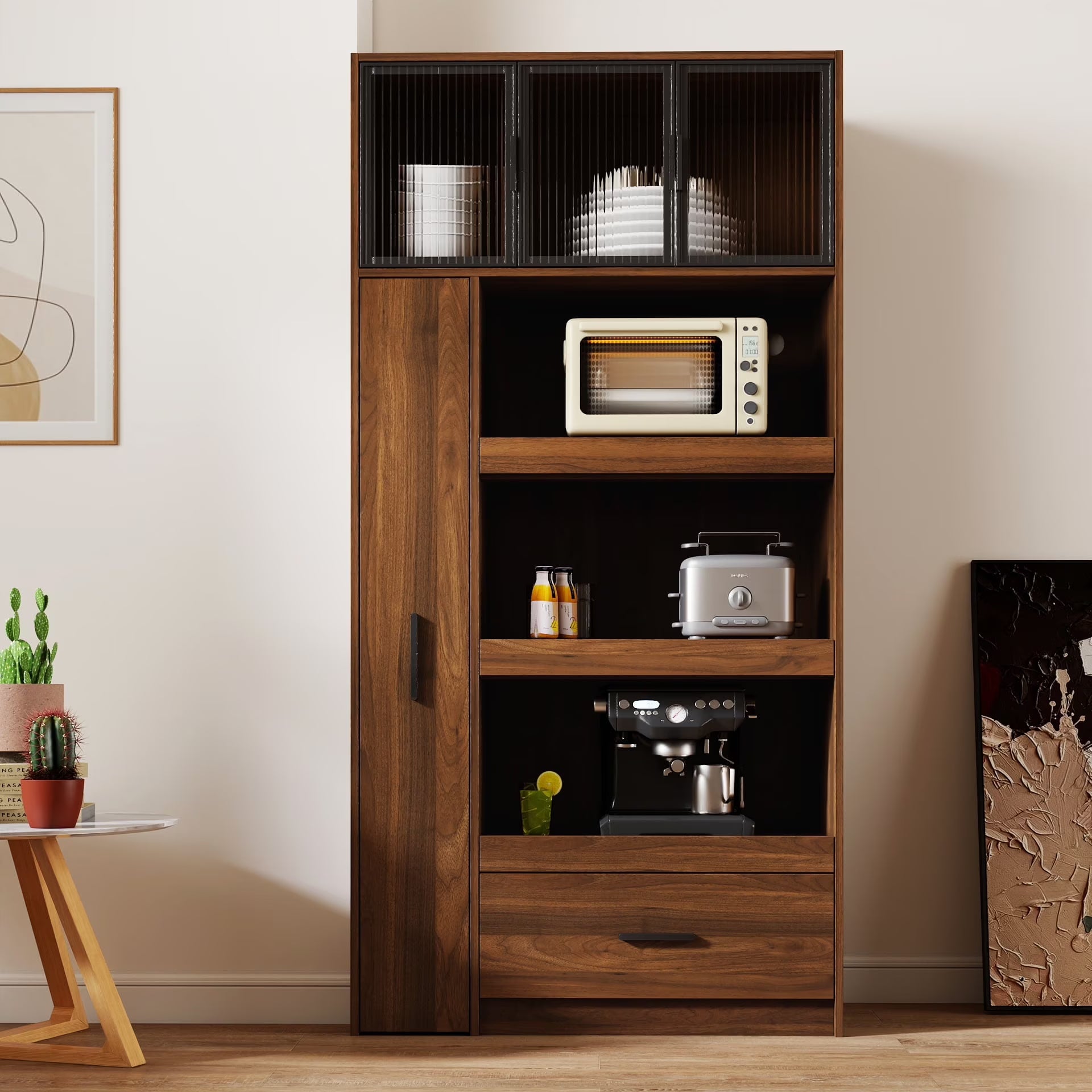 Kitchen Pantry Cabinet w/4-Tier Storage Cart, 2 Drawers & 2 Glass Doors, Tall Storage Cabinet w/Shelves