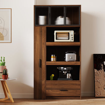 Kitchen Pantry Cabinet w/4-Tier Storage Cart, 2 Drawers & 2 Glass Doors, Tall Storage Cabinet w/Shelves