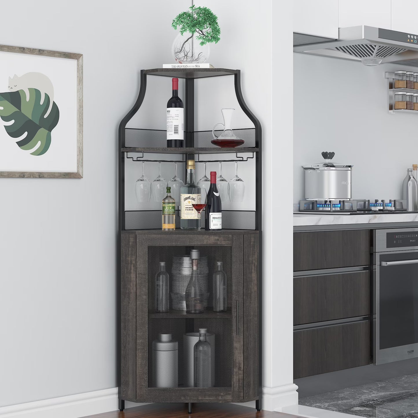 COZONY 5-Tier Retro-Styled Corner Bar Cabinet with Wine Rack, Glass Holder, and Storage Shelves, 60.6"H