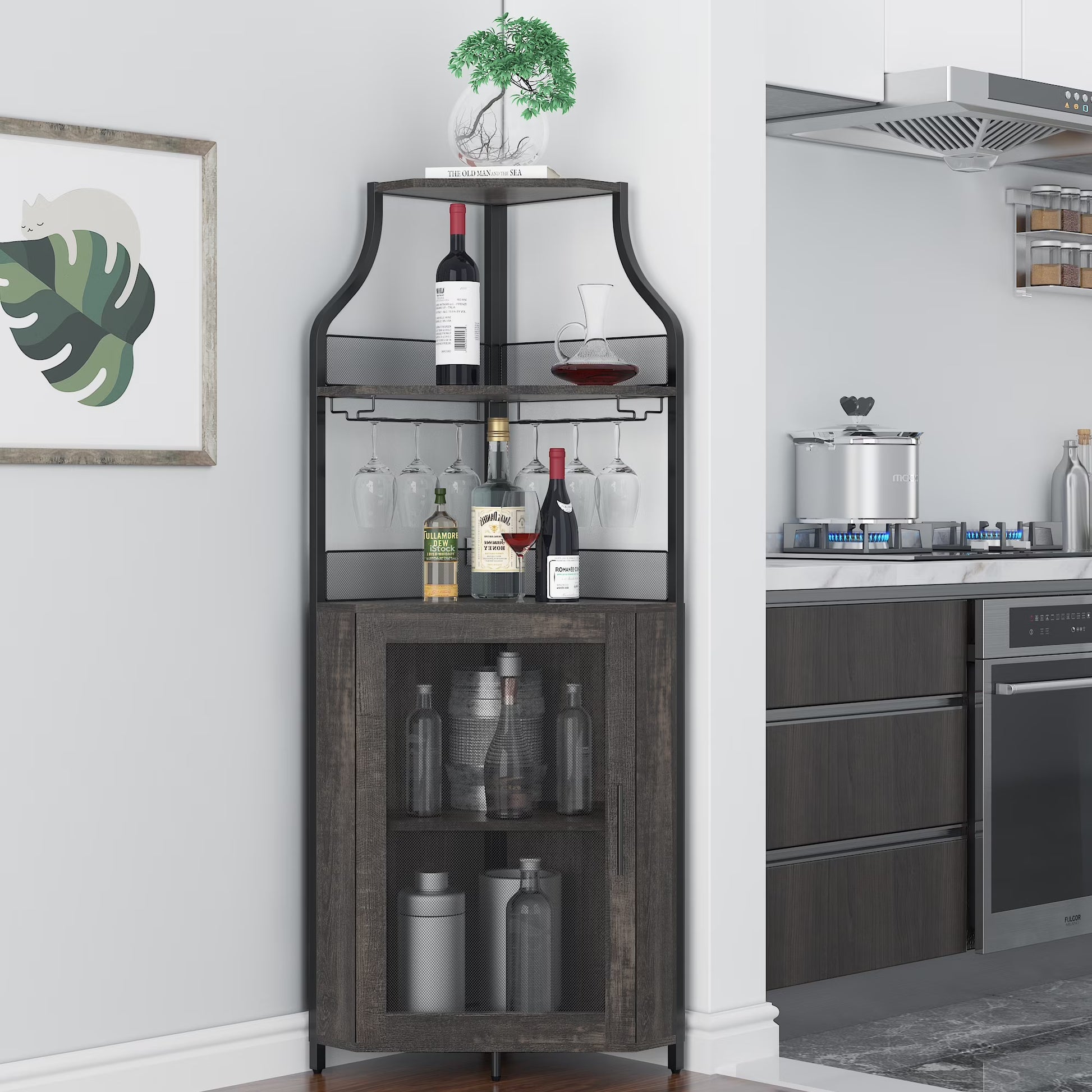COZONY 5-Tier Retro-Styled Corner Bar Cabinet with Wine Rack, Glass Holder, and Storage Shelves, 60.6"H
