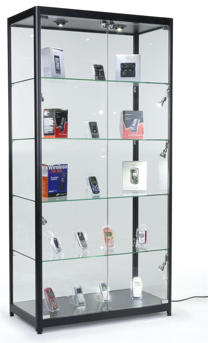 Displays2go Black LED Trophy Showcase, Locking, LED Lighting, Tempered Glass, Laminated MDF & Aluminum - Black (LESC10478B)