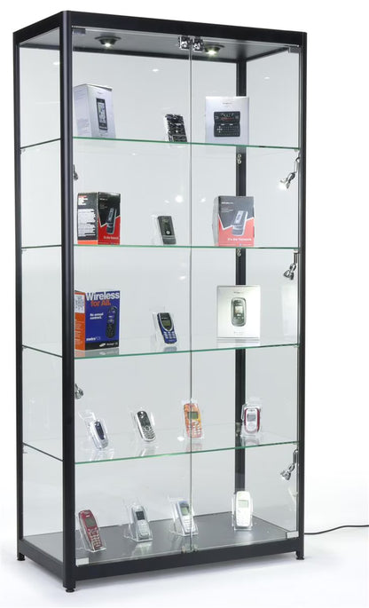 Displays2go Black LED Trophy Showcase, Locking, LED Lighting, Tempered Glass, Laminated MDF & Aluminum - Black (LESC10478B)