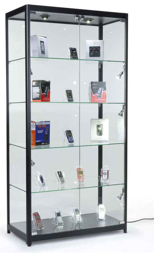 Displays2go Black LED Trophy Showcase, Locking, LED Lighting, Tempered Glass, Laminated MDF & Aluminum - Black (LESC10478B)