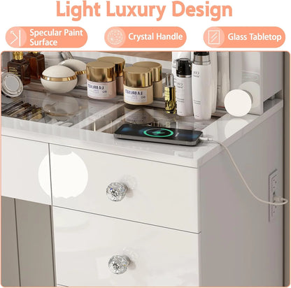 Vanity Desk with Power Outlet, Makeup Vanity with Mirror and 14 LED Light, 3 Lighting Modes,11 Drawer Vanity Table with Sliding Jewelry Storage, Glass Top, Specular Surface