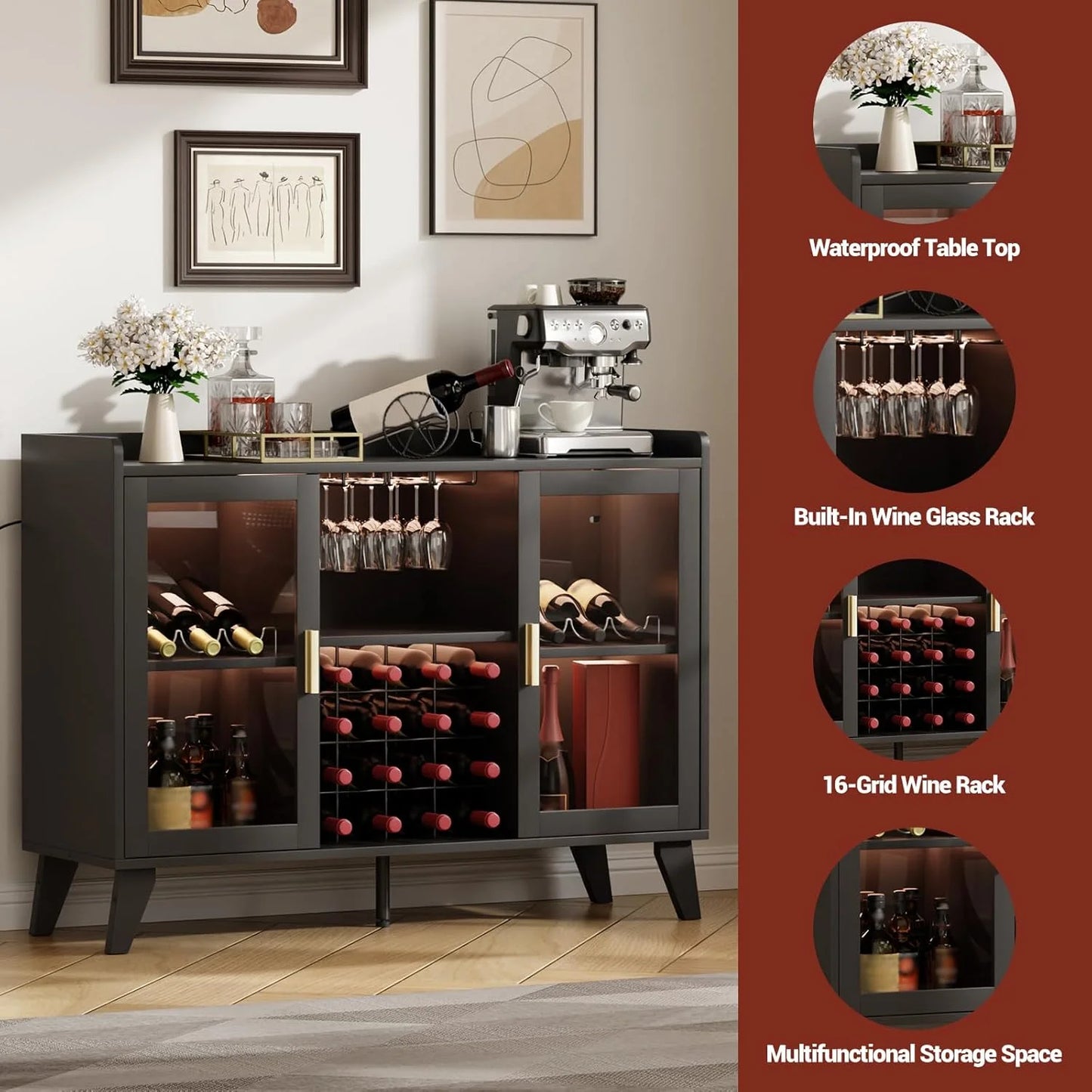 Farmhouse Wine Bar Cabinet with LED Lights, Home Coffee Bar Cabinet with Wine Racks and Glass Holders, Modern Buffet Sideboard with Acrylic Doors and Drawer for Dining Room, Bar, Living Room, Black