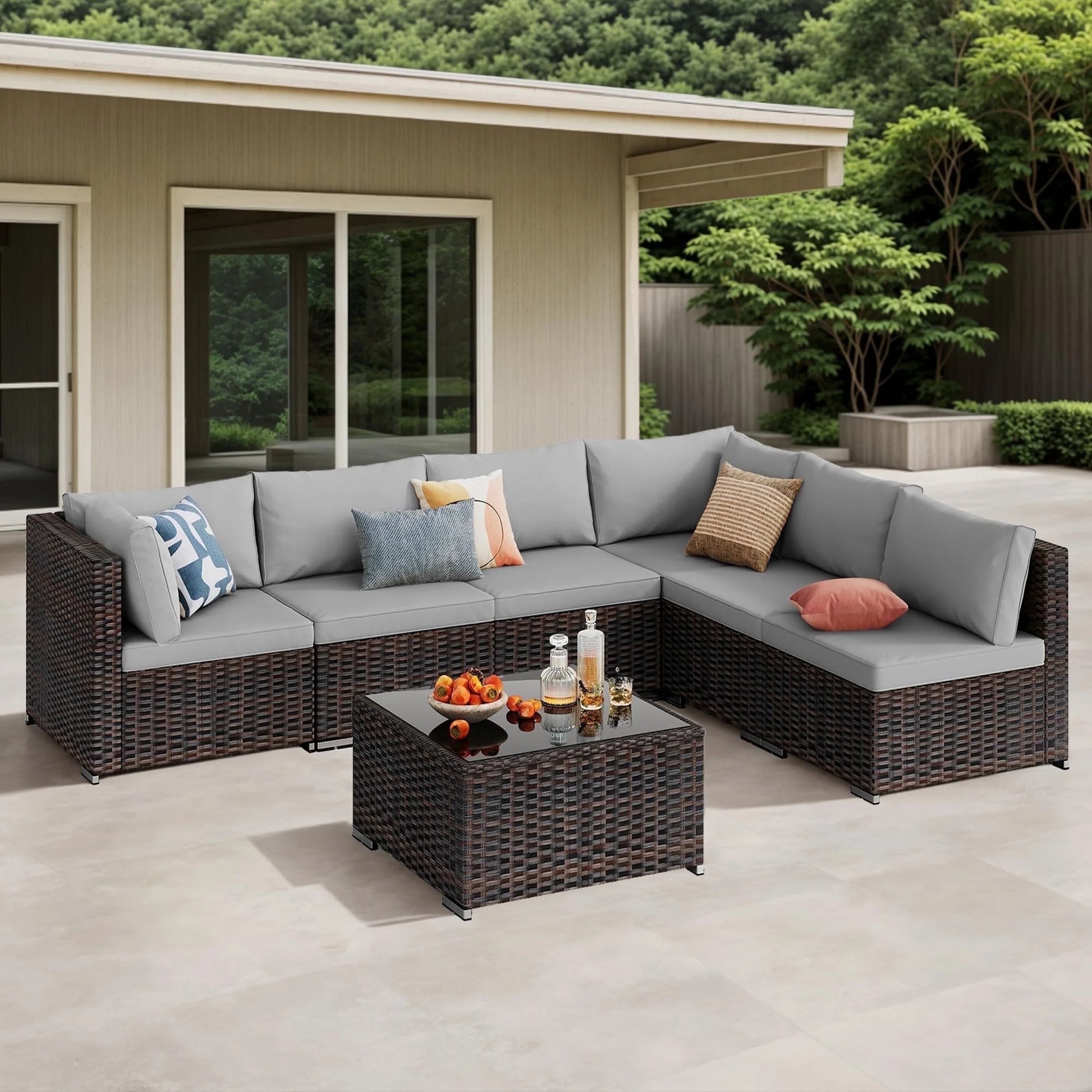 Patio Furniture Set on Sale, 7-Piece Wicker Sectional Outdoor Sofa Set with Glass Table & Water-Resistant Cushions, All-Weather PE Rattan for Backyard, Poolside, Garden (Gray)