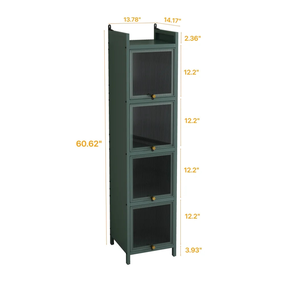 Hassch 4-Tier Display Case Storage Cabinet with Flip-Up Glass Doors, 60.62"H Iron Kitchen Pantry Cabinet Showcase Organizer Bookcase for Entryway Bedroom Bathroom Living Room, Dark Green