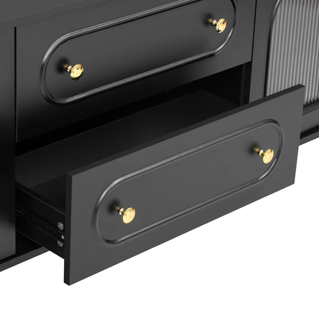 Modern 85 Inch TV Stand with Drawers and Glass Cabinets, Media Console for Living Room and Bedroom, Black MDF Entertainment Center with Cable Management and Adjustable Legs