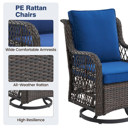 Twister.CK 3 Pieces Patio Furniture Set, Outdoor Swivel Gliders Rocker, Wicker Patio Bistro Set with Rattan Rocking Chair, Glass Top Side Table and Thickened Cushions for Porch Deck Backyard