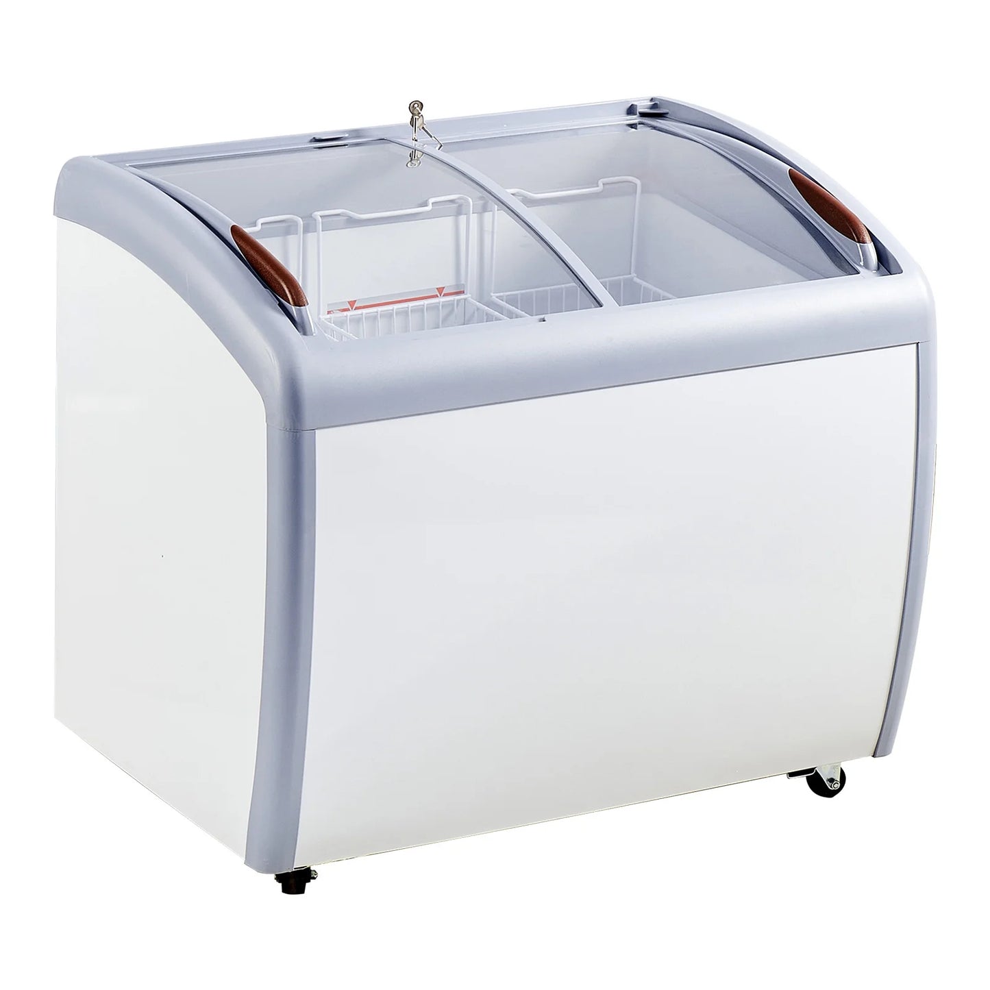 KFFKFF Professional Ice Cream Showcase, 9.3 Cubic Feet Storage Freezer, Portable Transparent Lid Deep Freezer, Eatery Sorbet Serving Cabinet,3 Metal Baskets, Dual Slide Glass Doors, Lockable Wheels