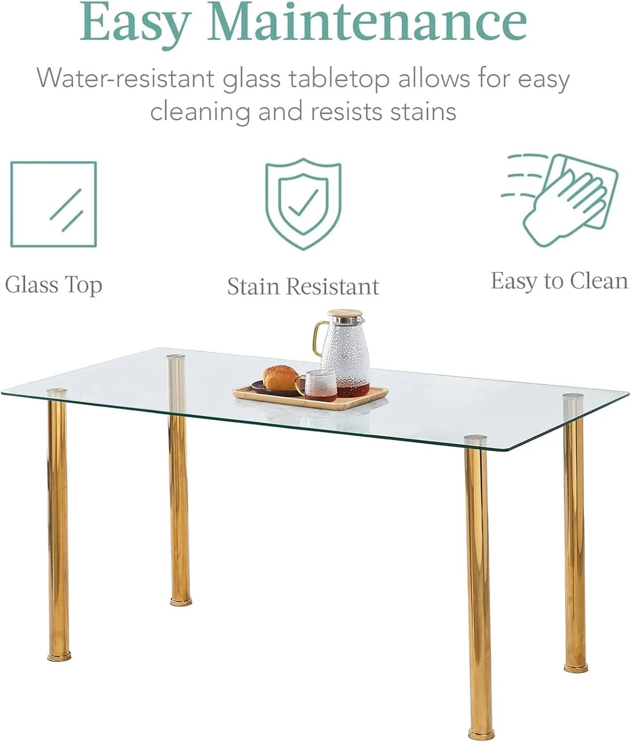 Glass Dining Table with Gold Legs, Retangular Kitchen Table for Home Kitchen (Gold, Length: 51.2")