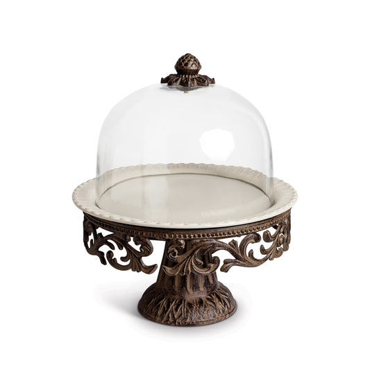 Gerson Glass Domed Cake Pedestal With Acanthus Leaf Ornate Brown Metal Base and Cream Ceramic Plate