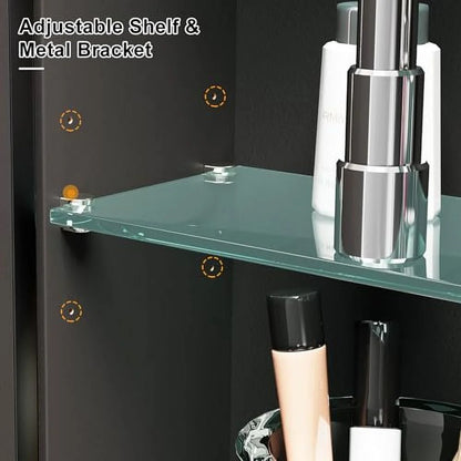 Black Arched Medicine Cabinet with Mirror, 16x31Inch, Bathroom, Modern Style, 3 Glass Shelves, Wall Mount