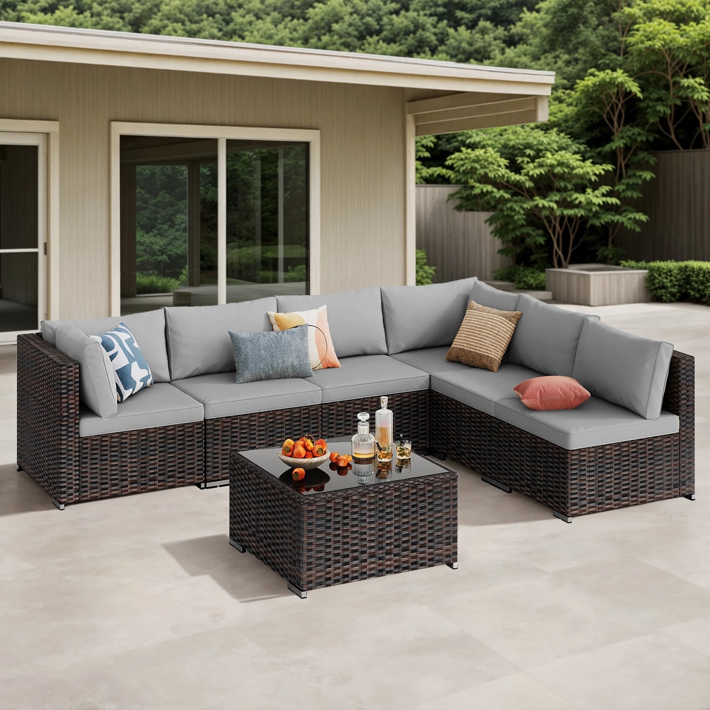 7 Pieces Outdoor Patio Furniture Set, Lofka PE Rattan Sectional Sofa with Tempered Glass Coffee Table & All-Weather Cushions, Patio Conversation Set for Garden, Poolside (Grey)