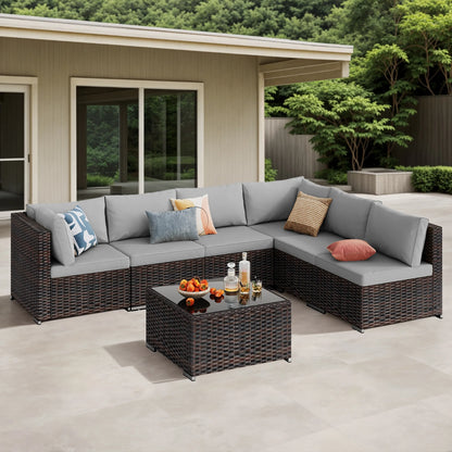 7 Pieces Outdoor Patio Furniture Set, Lofka PE Rattan Sectional Sofa with Tempered Glass Coffee Table & All-Weather Cushions, Patio Conversation Set for Garden, Poolside (Grey)