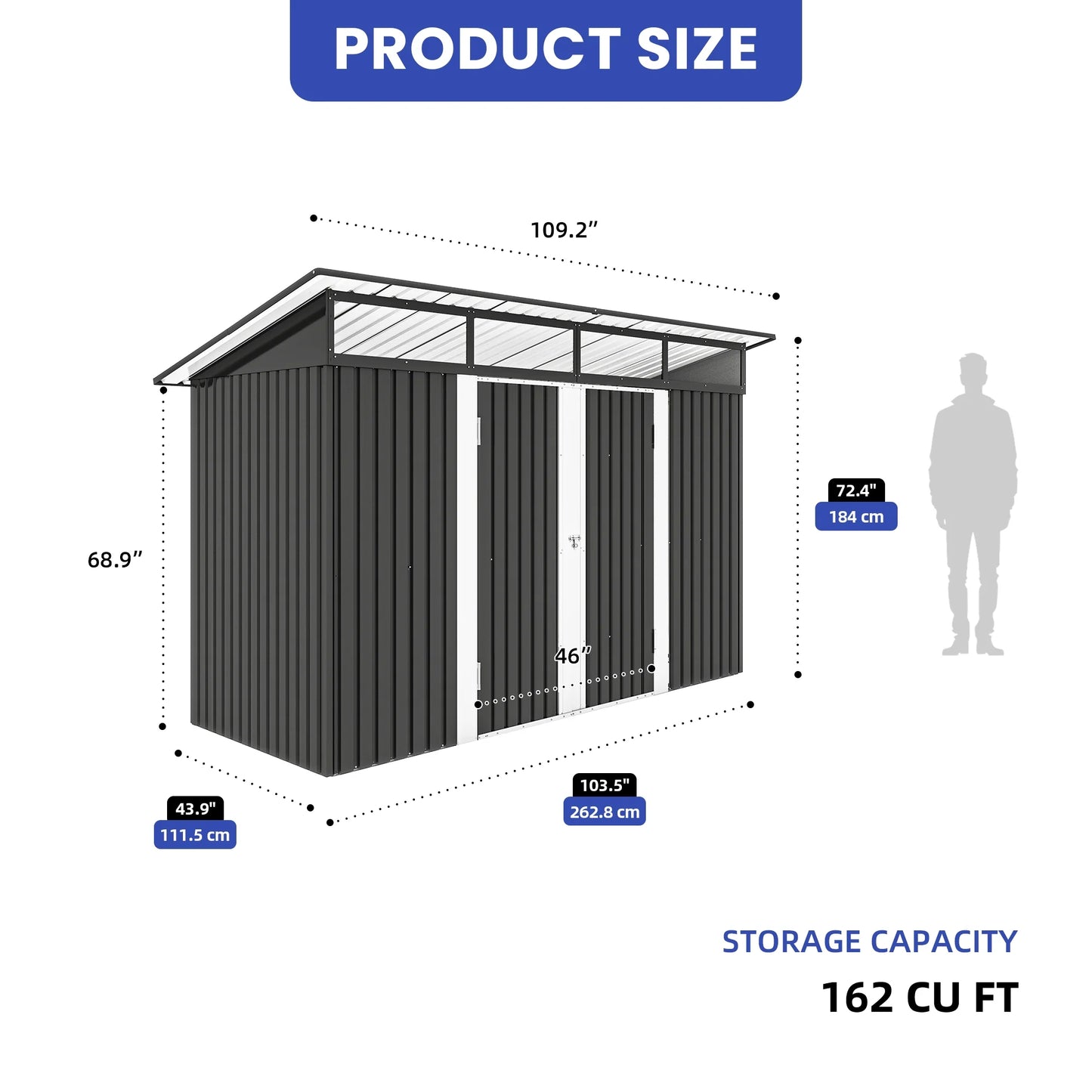 ModFusion 9x4 ft Outdoor Metal Storage Shed with Lockable Double Doors, Acrylic Glass Windows, Steel Roof, Garden Patio Bikes, Skylight, Dark Gray