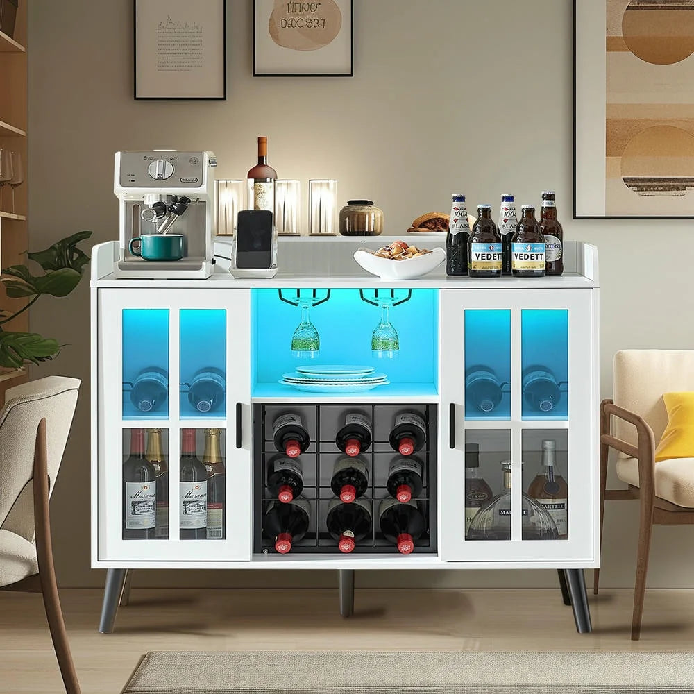 Spaco Coffee Bar Cabinet with LED light, Liquor Cabinet with Power Outlet, Wine Cabinets with Glass Holder, Sideboard Buffet Cabinets with Storage, Bar Cabinet for Kitchen Dining Room, White