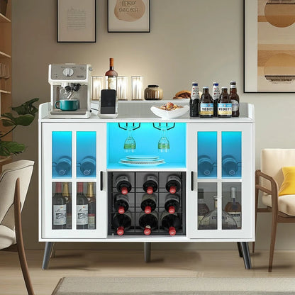 Spaco Coffee Bar Cabinet with LED light, Liquor Cabinet with Power Outlet, Wine Cabinets with Glass Holder, Sideboard Buffet Cabinets with Storage, Bar Cabinet for Kitchen Dining Room, White