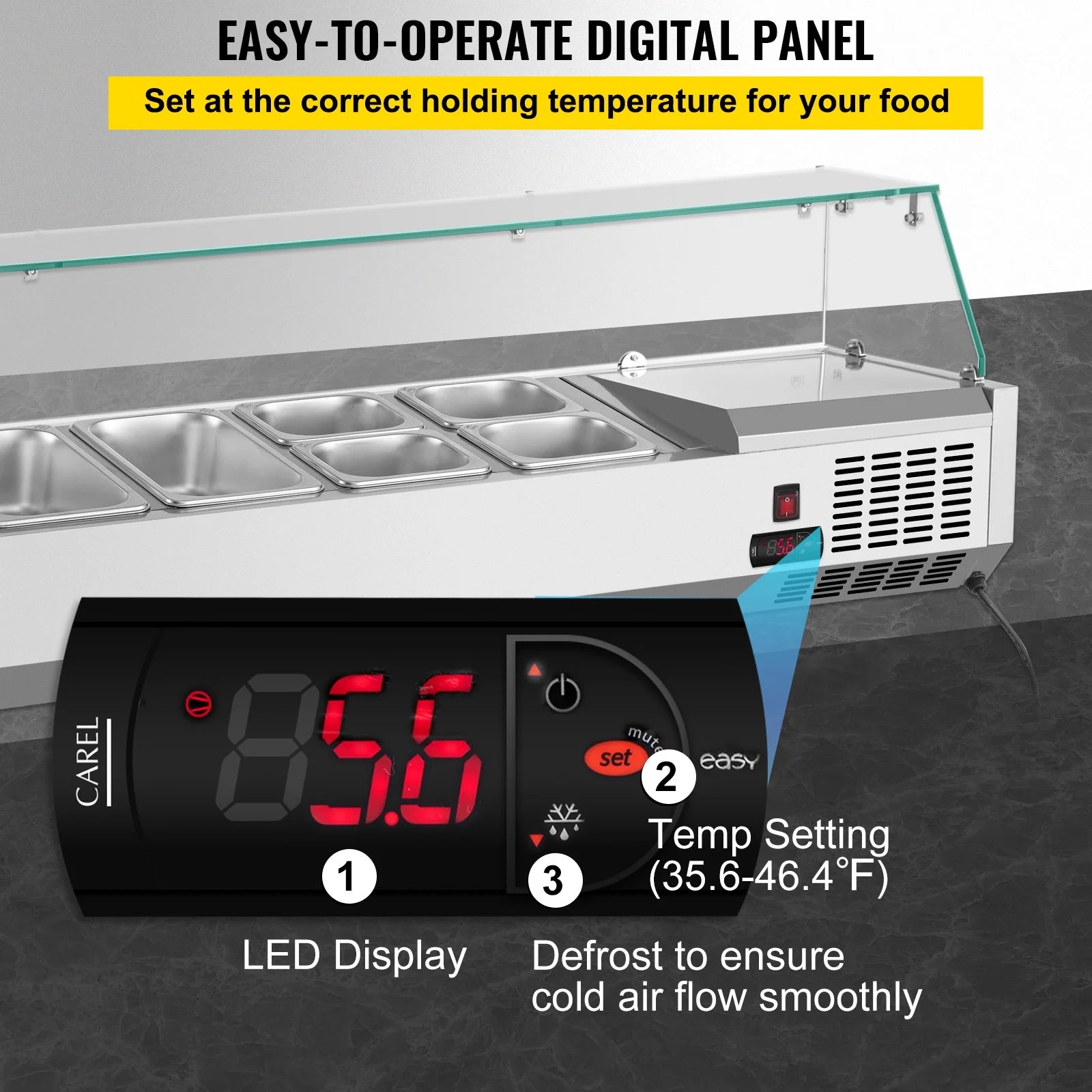 Refrigerated Condiment Prep Station, 48-inch, 10.8Qt Sandwich/Salad Prep Table w/3 1/3 Pans & 4 1/6 Pans, 146W Salad Bar w/304 Stainless Body Tempered Glass Shield Digital Panel Auto Defrost