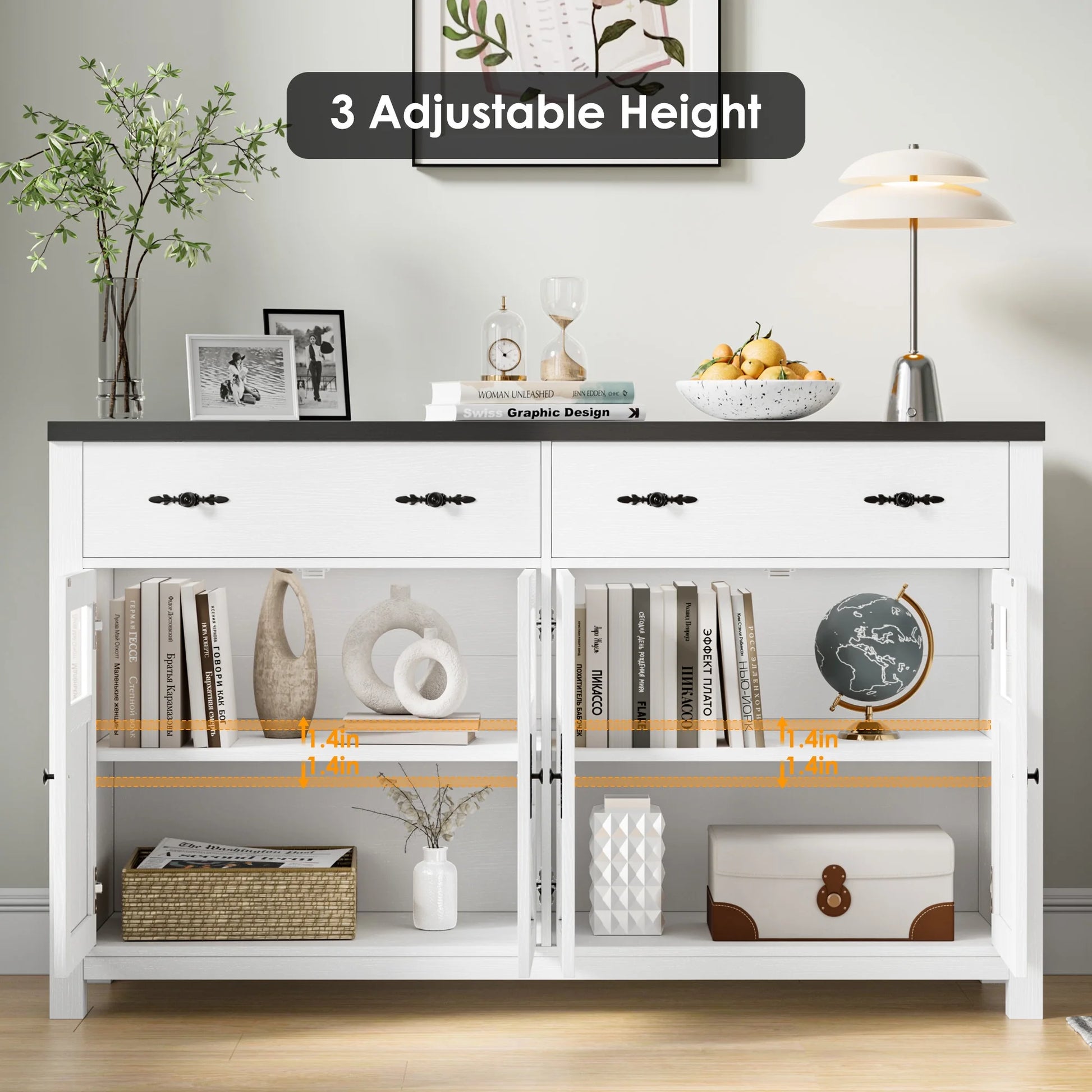 Homfa Farmhouse 55.1"WKitchen Buffet Cabinet with Storage Drawer & Adjustable Shelf, Glass Door Wood Sideboard Credenza Coffee Bar with for Dining Room Living Room, White & Black