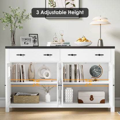 Homfa Farmhouse 55.1"WKitchen Buffet Cabinet with Storage Drawer & Adjustable Shelf, Glass Door Wood Sideboard Credenza Coffee Bar with for Dining Room Living Room, White & Black