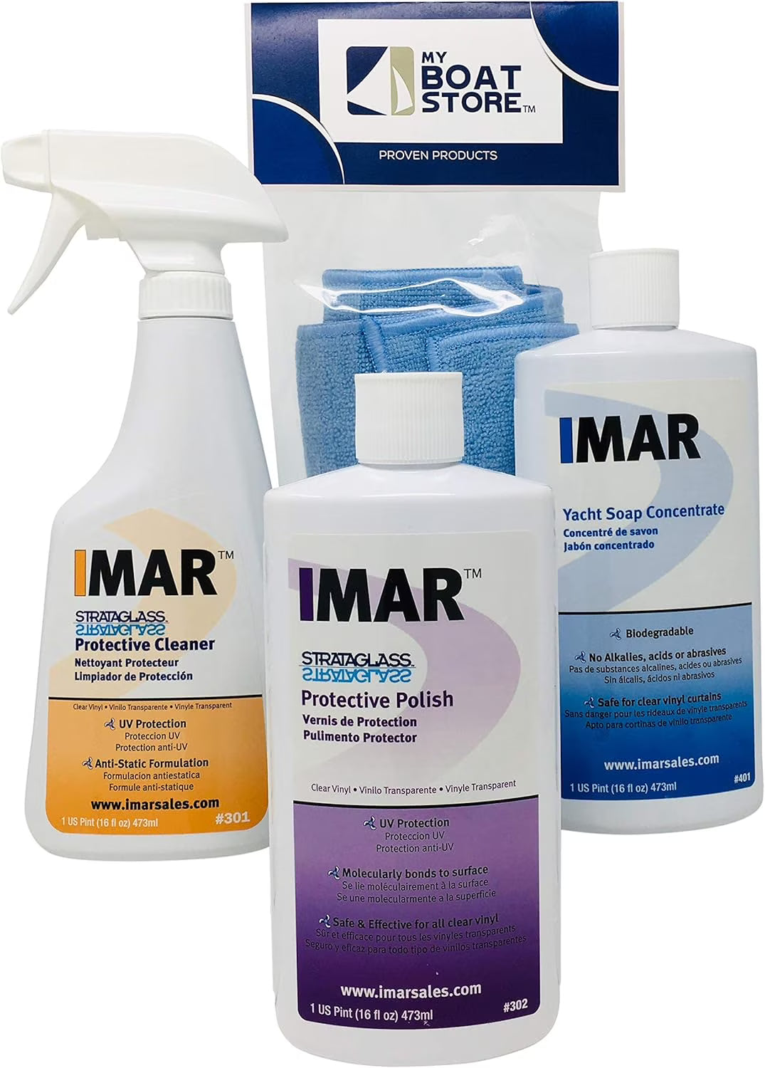 Bundle Includes 16 Ounce Bottles of Imar 301 Strataglass Cleaner, 302 Polish, 401 Yacht Soap with 1 Microfiber Detailing Cloth (4 Total Items)