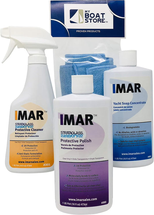 Bundle Includes 16 Ounce Bottles of Imar 301 Strataglass Cleaner, 302 Polish, 401 Yacht Soap with 1 Microfiber Detailing Cloth (4 Total Items)