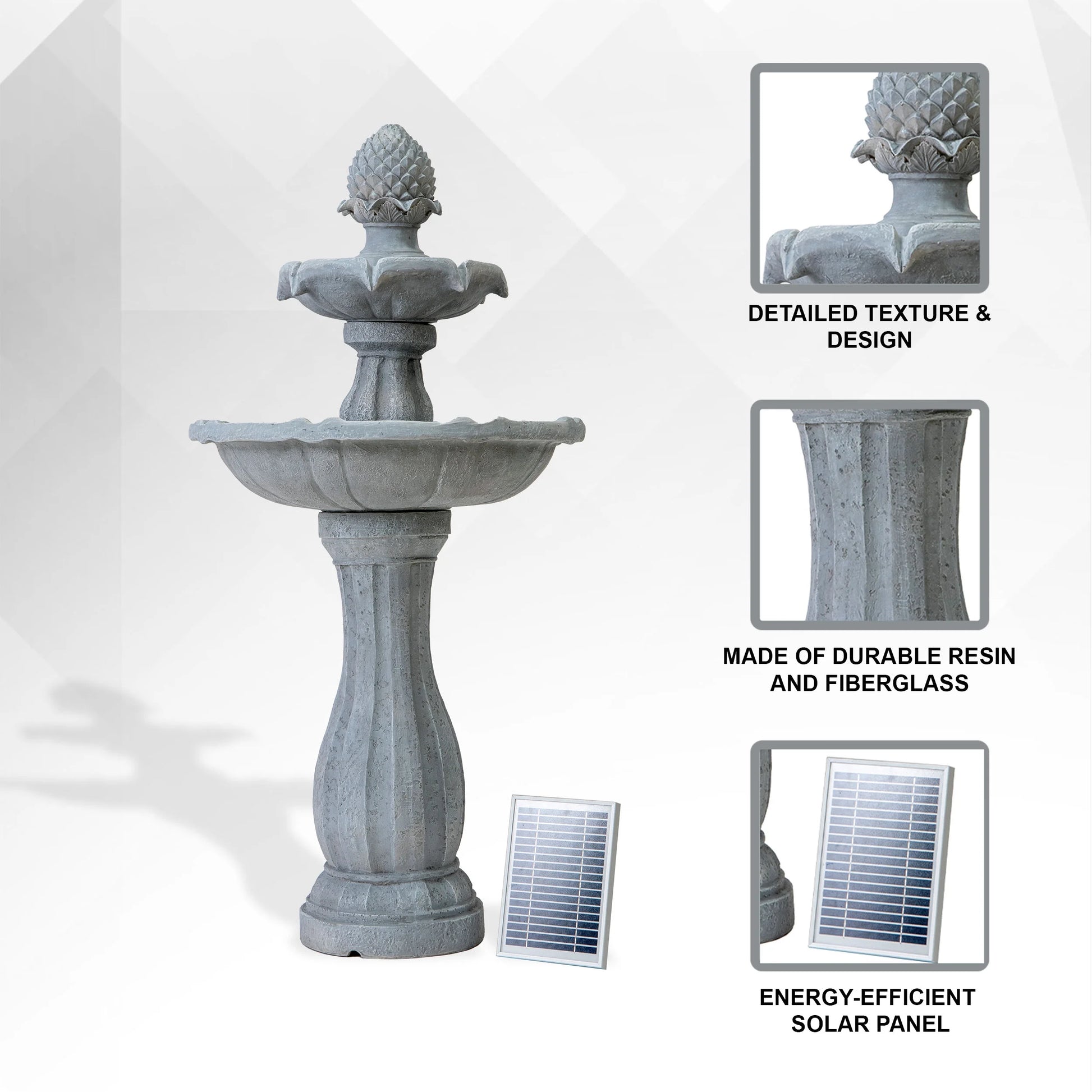 XBrand 44" H White Fiberglass/Resin 2-Tier Solar Water Fountain w/Solar Panel and Auto-Shut Off Pump, Solar Garden Fountain, Tall Outdoor Fountain, Two Tiered Birdbath Fountain