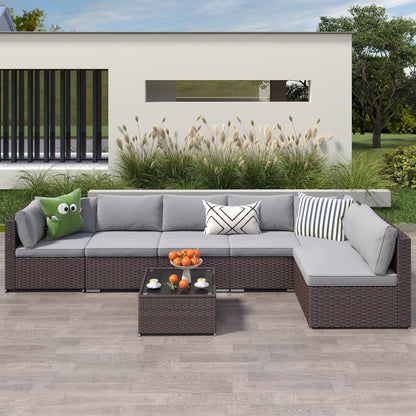 Patio Furniture Set Clearance Lofka Outdoor Sectional Furniture Sofa Set with Tempered Glass Table for Backyard, Garden & Poolside, Gray Cushions
