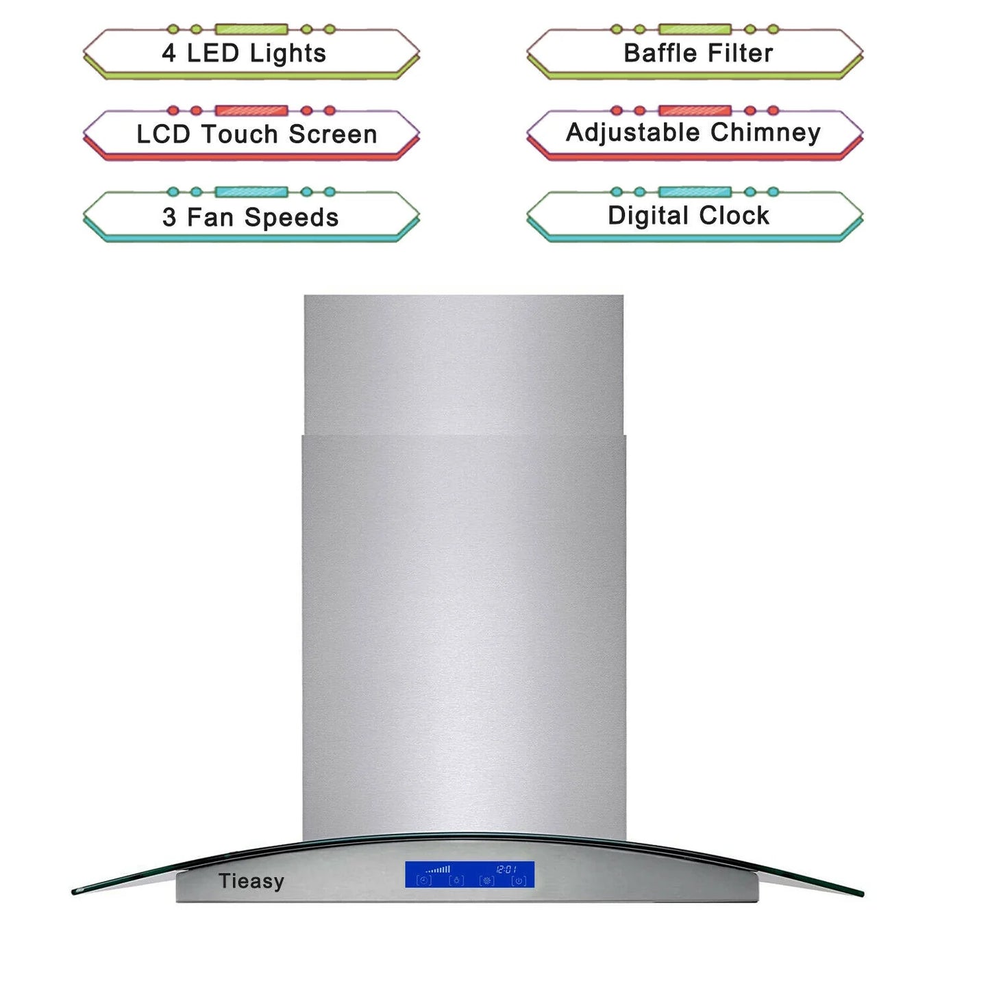 Tieasy 36 inch Island Mount Range Hood 900 CFM with Glass LCD Touch Control 4 LED Lamps