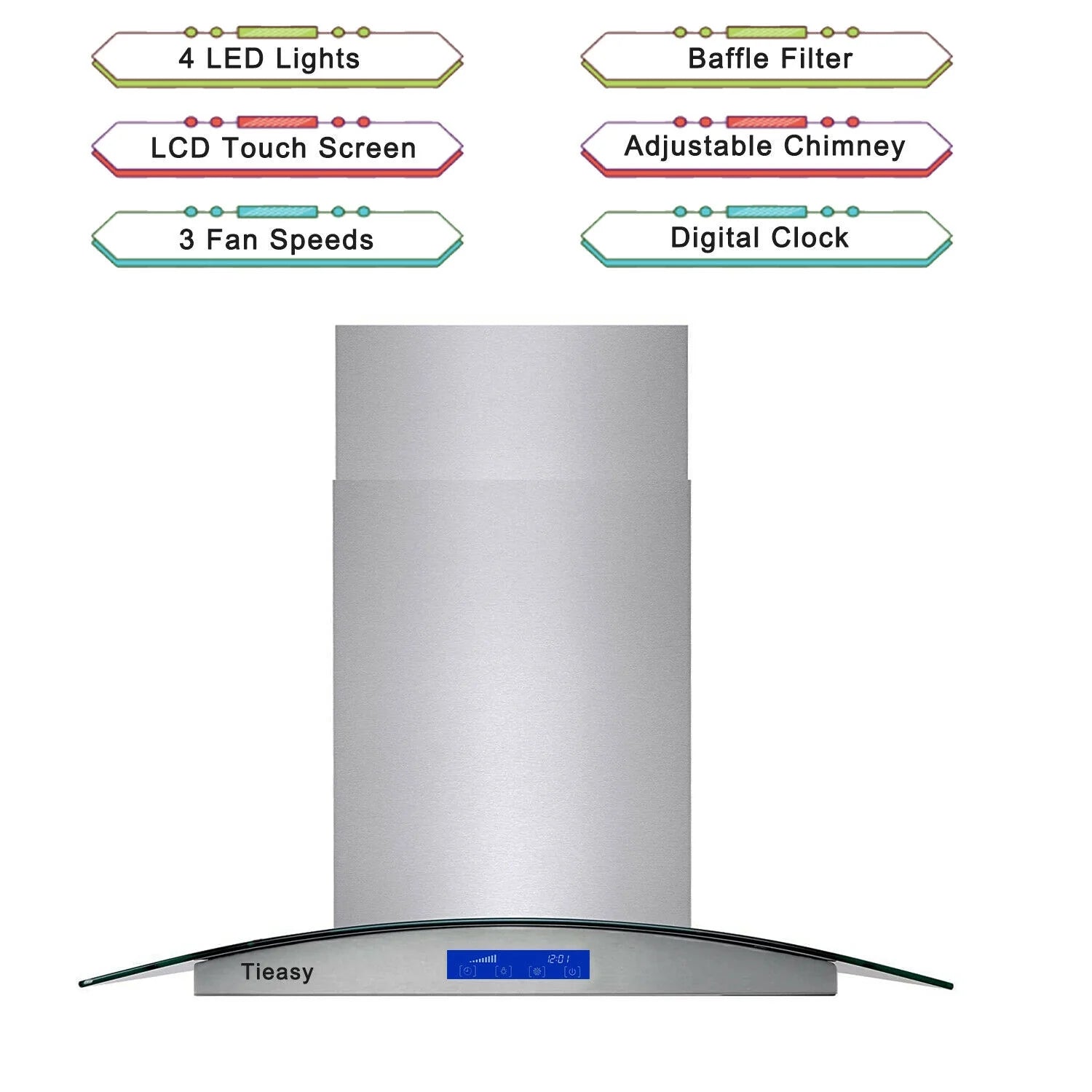 Tieasy 36 inch Island Mount Range Hood 900 CFM with Glass LCD Touch Control 4 LED Lamps