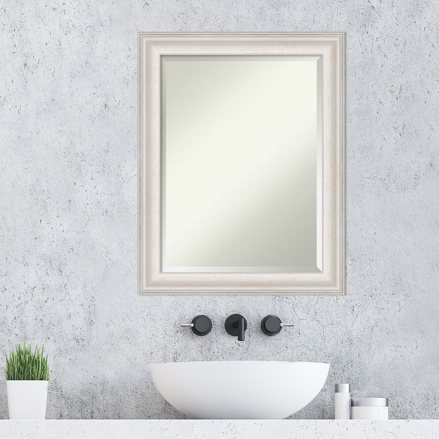 Amanti Art Wall Mounted Framed Vanity Mirror, Glass Size 40x30, Trio White Wash Silver