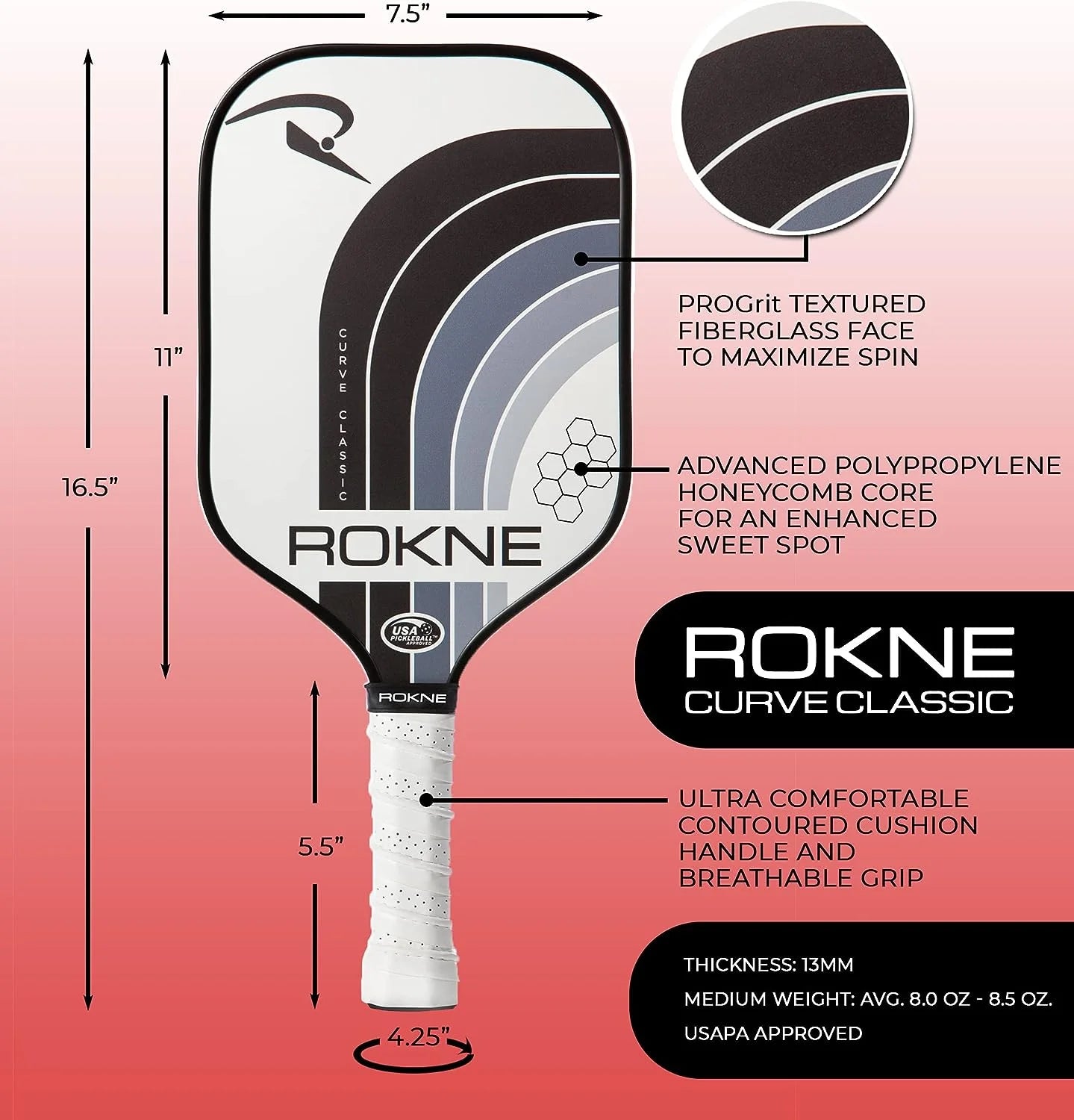 Rokne Curve Classic Fiberglass Pickleball Paddle Long Handle Racket with Pro Grit Texture and Cover, Storm