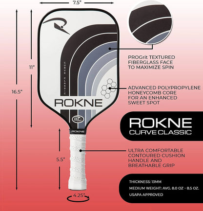 Rokne Curve Classic Fiberglass Pickleball Paddle Long Handle Racket with Pro Grit Texture and Cover, Storm