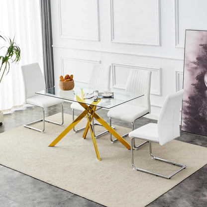 Glass Dining Table for 4 People, 51.2 Inches Rectangular Glass Kitchen Table with Golden Steel Legs, Modern Dining Room Table for Dinner Kitchen Dining Room